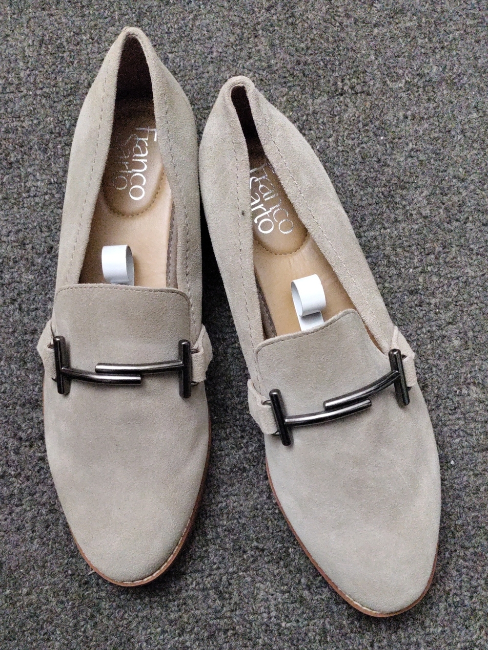 Franco Sarto "Harlow" Light Taupe Suede Loafers with Gunmetal Bit